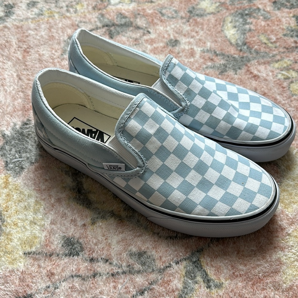 Vans Checkerboard Classic Slip Ons Blue and White Size 7.5, Worn Once